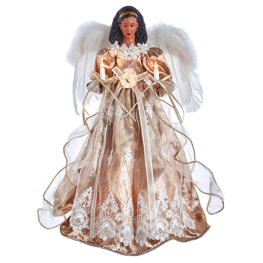 16" UL 10-Light White & Rose Gold African American Angel Treetop