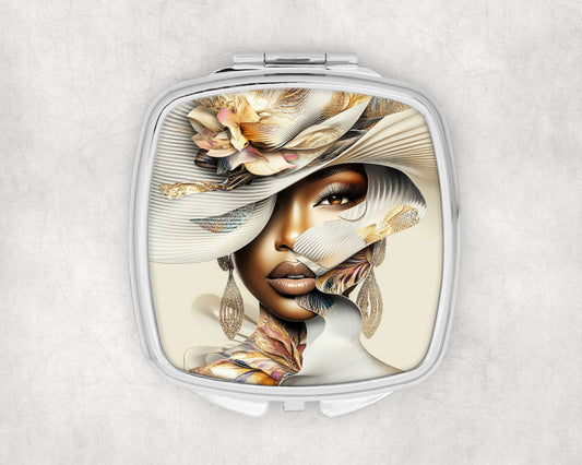 Elegant Floral Hat Lady Compact Mirror