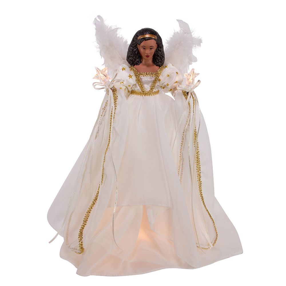 African American Ivory and Gold Lighted Treetop Angel