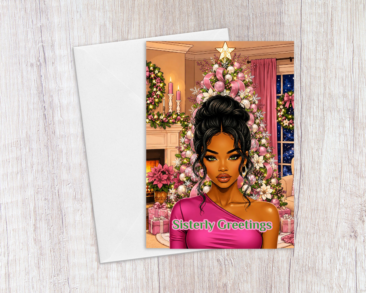 Sisterly Greetings Holiday Card In Pink and Green
