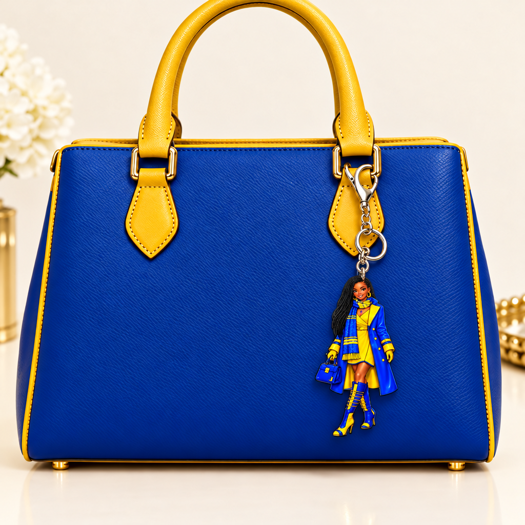 Blue and gold keychain without an acrylic rim on the matching purse