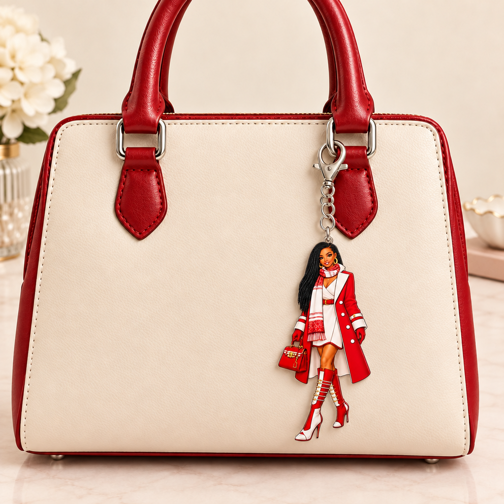 Borderless crimson and cream keychain on a matching purse