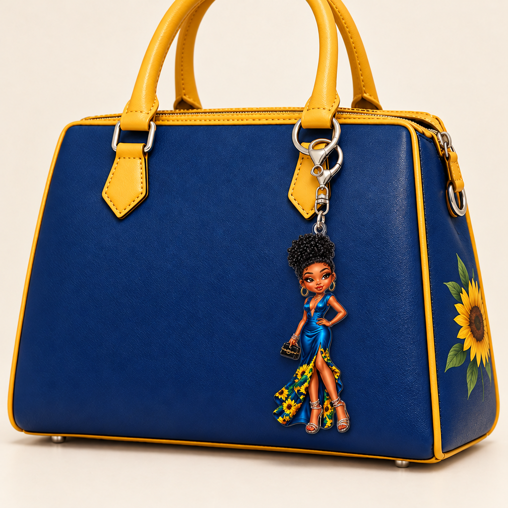 Keychain with edge-to-edge artwork on the matching purse