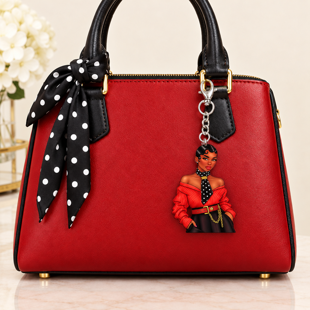Passion keychain with edge-to-edge artwork on the red and black purse